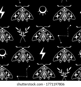 Seamless pattern with doodle mystic moths on black. Vector magic texture. Boho abstract background with witch symbols. Hand drawn outline butterfly texture for fabric, textile, paper. Line art insects