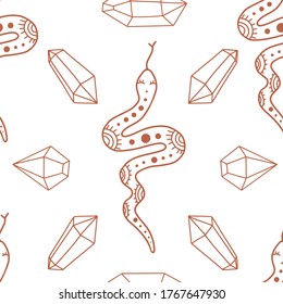 Seamless pattern with doodle mystic snakes, crystals. Vector magic texture. Boho abstract background with geometric shapes. Hand drawn outline texture for fabric, textile, paper. Line art animals