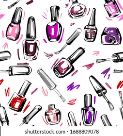 Seamless pattern with doodle nail polish