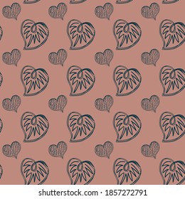 Seamless pattern from doodle navy blue hearts on a soft dark beige background. Pastel background for valentines, fabrics, textiles, postcards and websites. Romantic vector illustration.