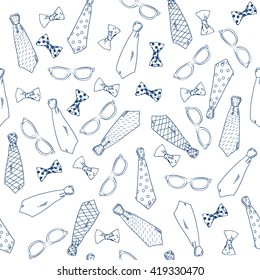 Seamless pattern with doodle neckties, bow tie and glasses. Vector illustration