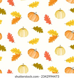 Patrón sin foco de doodle de hojas de roble y calabazas en un fondo aislado. Antecedentes de la cosecha de otoño, Día de Acción de Gracias, Halloween, temporada, textil, raspado, artesanías de papel.