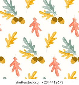 Seamless pattern of doodle oak leaves and acorns on isolated background. Hand drawn background for Autumn harvest holiday, Thanksgiving, Halloween, seasonal, textile, scrapbooking.