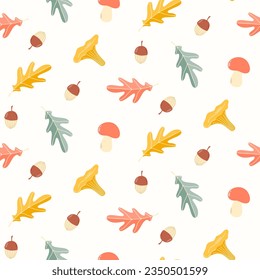 Seamless pattern of doodle oak leaves, acorns and boletus mushrooms, on isolated background. Hand drawn background for Autumn harvest holiday, Thanksgiving, Halloween, seasonal, textile, scrapbooking.