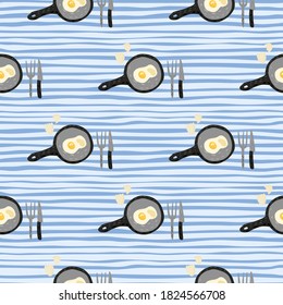 Seamless pattern with doodle omelette on pan ornament. Breakfast print with dishware on blue stripped background. Perfect for wallpaper, textile, wrapping paper, fabric print. Vector illustration.