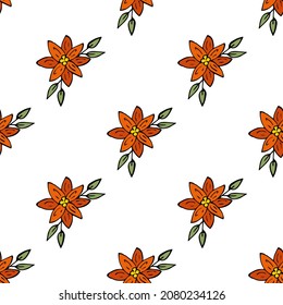 Patrón sin foco con flores de color naranja sobre fondo blanco. Imagen vectorial.