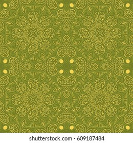 Seamless pattern doodle ornament. Green Ethnic motives. Zentangl