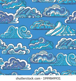 Seamless pattern with doodle ornate mandala clouds. Hand drawn vector illustration.