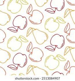 Seamless pattern of doodle outline apples and pears on isolated background. Hand drawn background for Autumn harvest holiday, Thanksgiving, Halloween, seasonal, textile, scrapbooking, paper crafts.