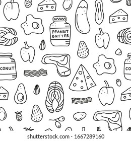 Seamless Pattern With Doodle Outline Black And White Foods For Ketogenic Diet Including Cheese, Meat, Salmon, Avocado, Eggs, Butter, Bacon, Raspberries. Low Carbs, High Fats Diet. Paleo Nutrition.