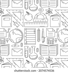 seamless pattern with doodle outline elements of office supplies. notebook, pen, pencil, apple, calculator, globe, envelope, eraser, ruler, sticker, paper