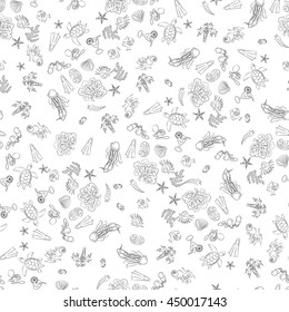 Seamless pattern with doodle outline hand drawn marine deep-water turtle and seashell. Vector sea fauna for children textile. packaging, walpaper, fabric, coloring