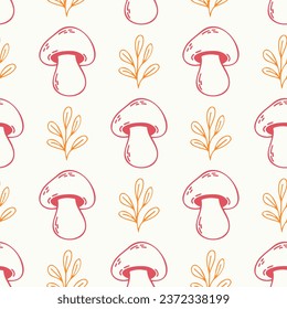 Seamless pattern of doodle outline mushrooms and leaves on isolated background. Hand drawn background for Autumn harvest holiday, Thanksgiving, Halloween, textile, scrapbooking, paper crafts.