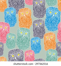 Seamless pattern with doodle owl, cute bird of the night. Vector repeated texture.