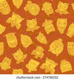 seamless pattern with doodle owls - vector illustration