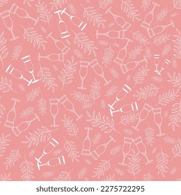 Seamless pattern with doodle pair of wedding champagne glasses, doodle liquor glasses and stems with leaves