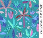 Seamless pattern with doodle palm trees moon and stars. Print with exotic mystical trees. Vector illustration.