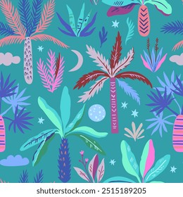 Seamless pattern with doodle palm trees moon and stars. Print with exotic mystical trees. Vector illustration.