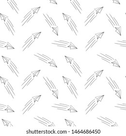 Seamless pattern with doodle paper planes. Simple hand drawn elements on white background. Vector illustration.