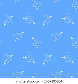 Seamless pattern with doodle paper planes. White hand drawn elements on blue background. Vector illustration. Cute design for baby boy fabric.