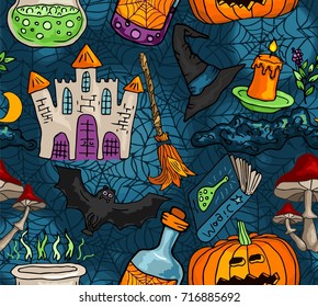 Seamless pattern with doodle patterns for Halloween. Grim background with castle, pumpkin, broom, pot and book with spells.