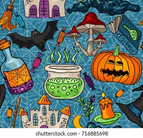 Seamless pattern with doodle patterns for Halloween. Grim background with castle, pumpkin, broom, pot and book with spells.