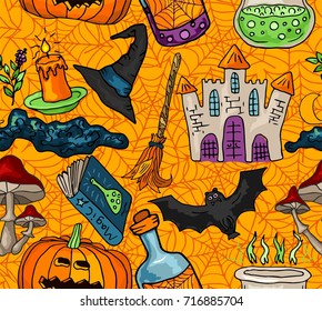 Seamless pattern with doodle patterns for Halloween. Grim background with castle, pumpkin, broom, pot and book with spells.