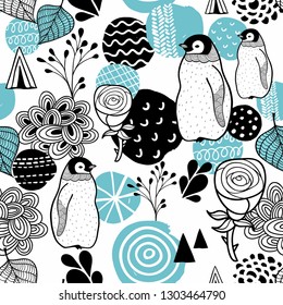 Seamless pattern with doodle penguins and frozen roses. Vector endless illustration in nordic scandinavian style.