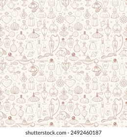 Seamless pattern with doodle perfumes in vintage style. Can be used for wallpaper, pattern fills, textile, web page background, surface textures