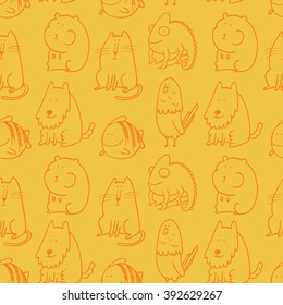 Seamless pattern with doodle pet icons. Outlined cartoon animal background. Dog, cat, fish, hamster, parrot, chameleon.