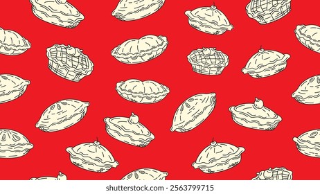 Seamless pattern of doodle pie cake on red background. Hand drawn pie cake sketch motif wallpaper. Pastry, bakery wallpaper, paper wrapper. print, packaging. Vector illustration