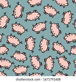 Seamless pattern with doodle pigs. Pink pigs on blue background. Print for farm