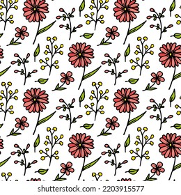 Patrón sin foco de flores rosadas de doodle sobre fondo blanco. Imagen vectorial. Estilo Doodle.