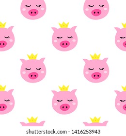Seamless pattern with doodle pink piggy faces.