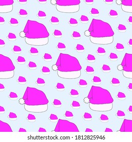 Seamless pattern doodle pink Santa Claus hat stripes on soft white blue background. For web page backgrounds, wallpapers, wrapping papers, invitation. Happy New year and Merry Christmas.