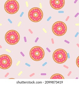 donuts dulces rosados de doodle sin costura sobre fondo rosado. donuts bonitos y caramelo de colores. fondo para textiles, papel pintado, papel de envoltura