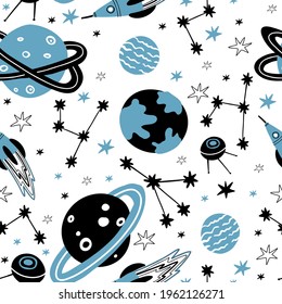 seamless pattern with doodle planets, satellites, constellations, stars and rockets.vector illustration. design for postcards, t-shirts, covers, fabrics.