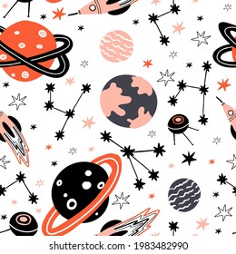 seamless pattern with doodle planets, satellites, constellations, stars and rockets.vector illustration. design for postcards, t-shirts, covers, fabrics.