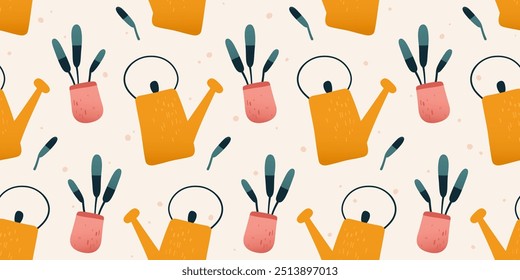 Seamless pattern with doodle plant in pot and watering can. Cute growing flower in planter and garden tool. Hand drawn spring seamless pattern with watering can and leaves, vector illustration