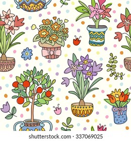 Seamless pattern doodle plants in pots. Colorful Illustration, floral background. Beautiful vector design.