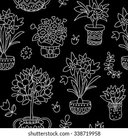 Seamless pattern doodle plants in pots, floral background. Beautiful vector design.