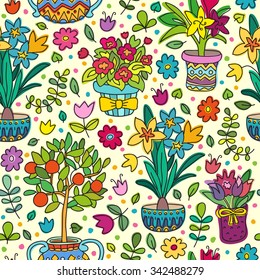 Seamless pattern doodle plants in pots, floral background. Beautiful vector design.