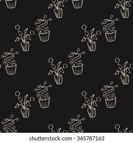 Seamless pattern doodle plants in pots, floral background. Beautiful vector design.