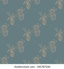 Seamless pattern doodle plants in pots, floral background. Beautiful vector design.