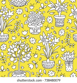 Seamless pattern doodle plants in pots, floral background. Beautiful vector design.