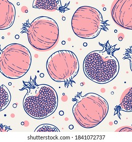 Seamless pattern doodle pomegranates. Healthy vegetarian food. Cartoon comics doodle style with contour. Decoration for greeting cards, posters, patches, prints for clothes, emblems