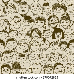 Seamless pattern with doodle portraits of smiling crowd people