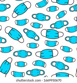 Patrón sin problemas. Máscara médica protectora del perro aislada sobre fondo blanco. Conjunto de máscaras azules para médicos, pacientes, protección contra enfermedades, influenza, coronovirus. Ilustración del vector