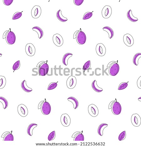 Seamless pattern doodle prunes plum outline with spots. Whole, pieces, and leaves. 
