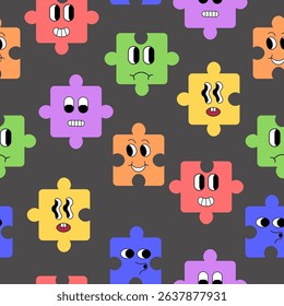 seamless pattern with doodle puzzle characters elements in vector. Template for backgrounds backdrops prints wallpaper wrapping textile packaging